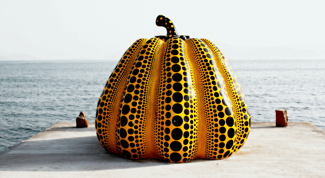 Artist Yayoi Kusama's famous kabocha (pumpkin) sculpture at Benesse House, Naoshima, Japan