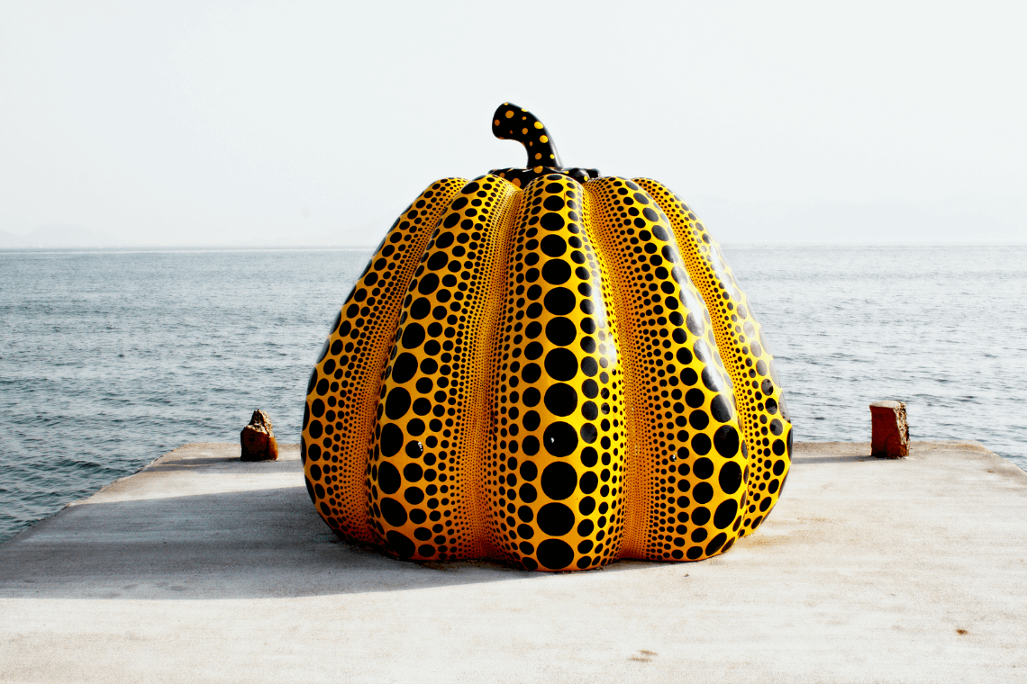 Pumpkin sculpture by Yayoi Kusama, at Benesse House, on Naoshima Island. One of our top suggested things to do in Japan