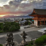 Sunset from Kiyomizudera Kiyomizu-dera Buddhist temple UNESCO world heritage site Kyoto Japan