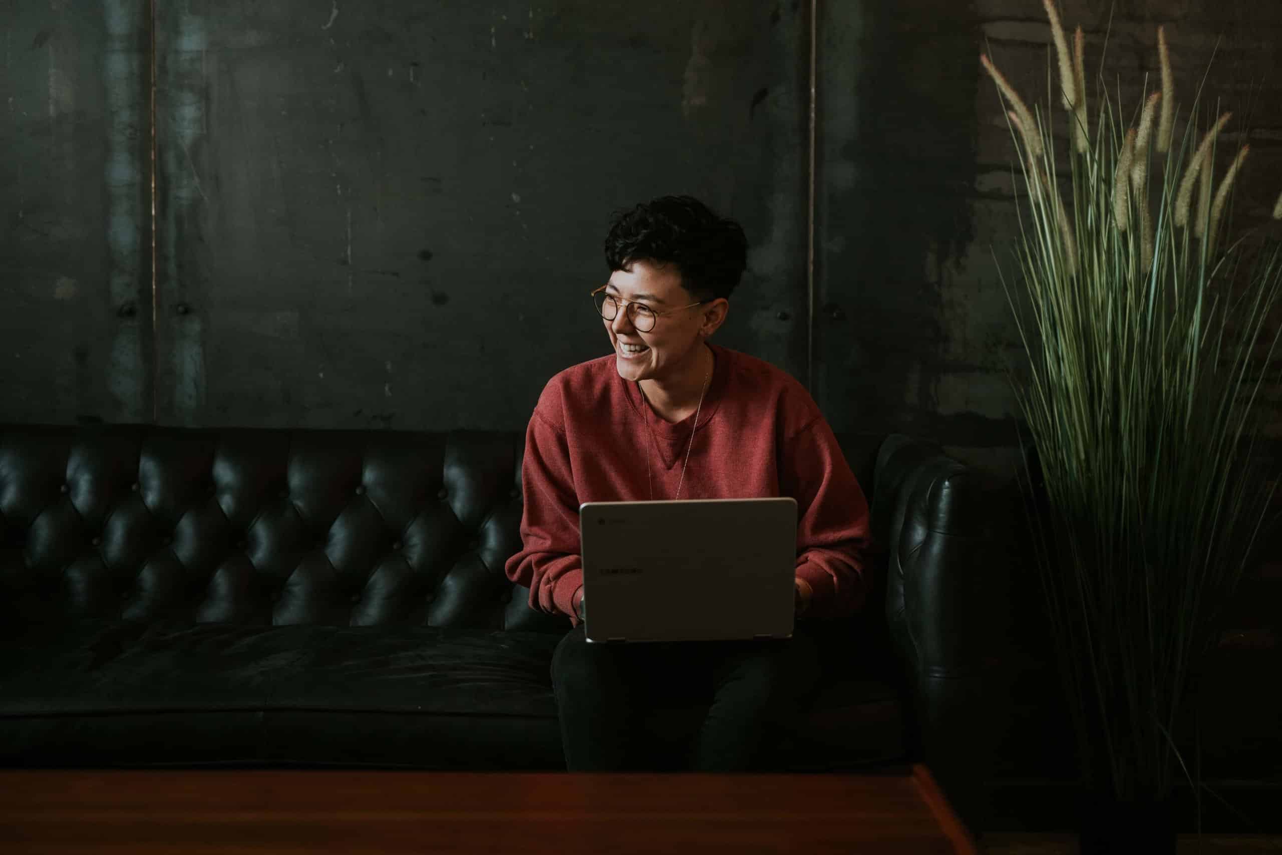 woman computer plant