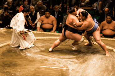 Sumo rikishi (wrestlers) during the Tokyo basho (tournament), Japan