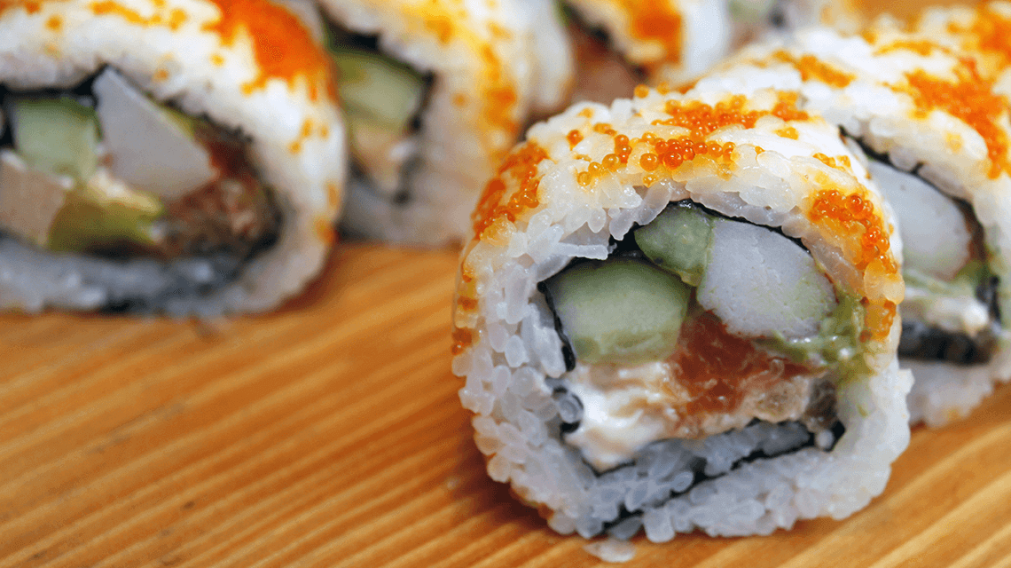 Salmon, cucumber and salmon roe sushi served in Tokyo, Japan Salmon, cucumber and salmon roe sushi served in Tokyo, Japan