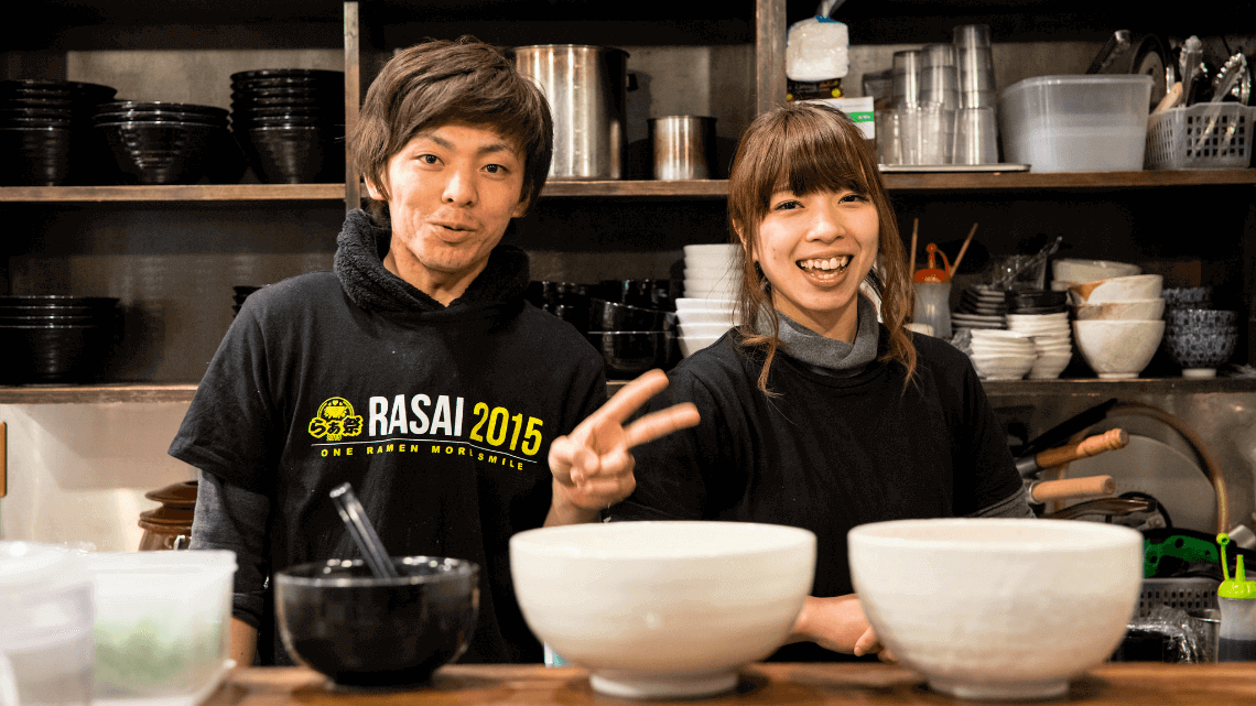 Siblings serve ramen at Kozu Ramen in Fukushima, Osaka, Japan