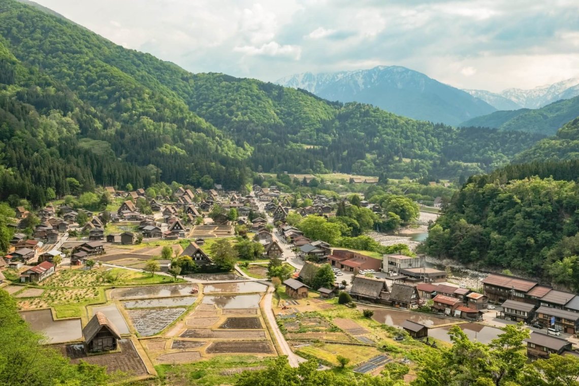 Panoramic village view Ogimachi Shirakawago Gifu Japan