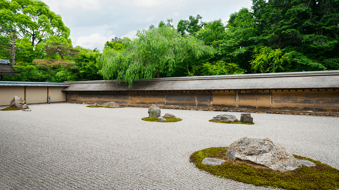 The famous rock garden at Ryoan-ji Temple, Kyoto, Japan