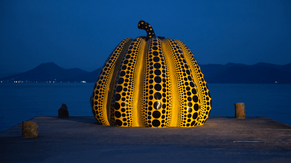 Yayoi Kusama's pumpkin sculpture at Benesse House on Naoshima Island, Japan Yayoi Kusama's pumpkin sculpture at Benesse House on Naoshima Island, Japan