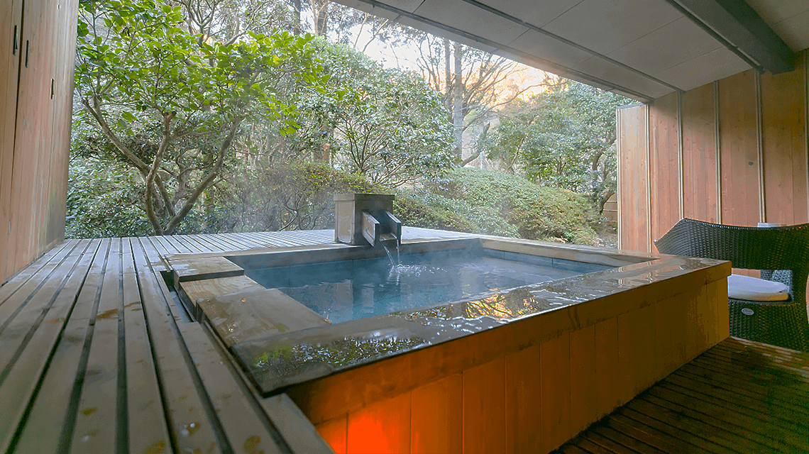 A private bath at Tsubaki Ryokan, Okuyugawara, Japan A private bath at Tsubaki Ryokan, Okuyugawara, Japan
