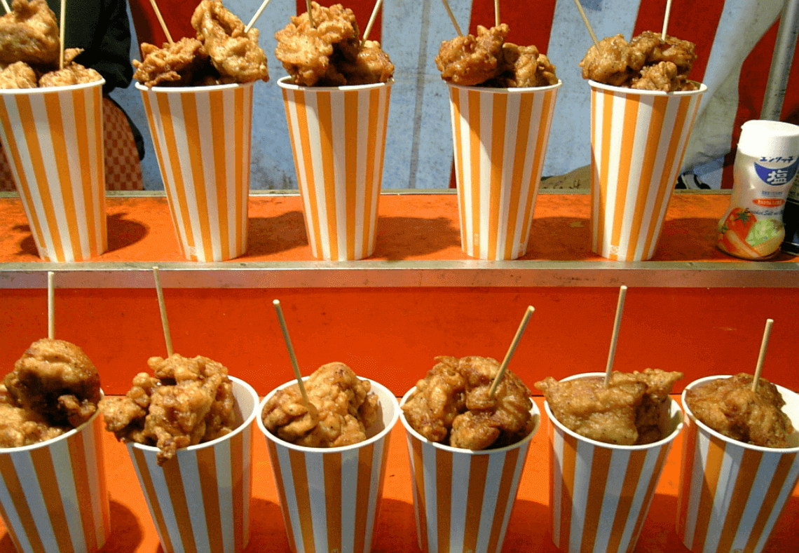 Karaage, Japanese fried chicken, at Hanazono Shrine Festival in Shinjuku, Tokyo, Japan