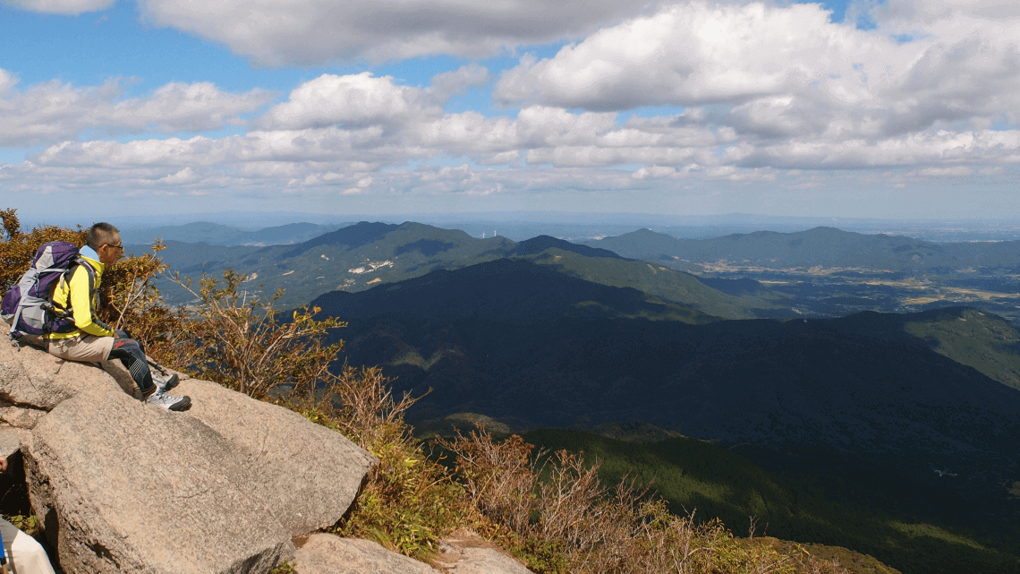 Man rests during a hike on Mt. Tsukuba (Tsukuba-san) near Tokyo, Japan