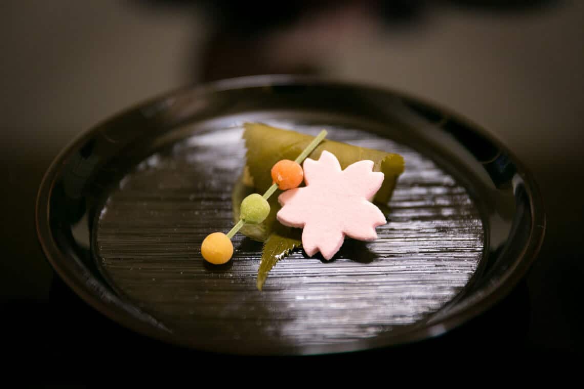 Sakura mochi during the spring cherry blossom season at Kitcho, Kyoto, Japan