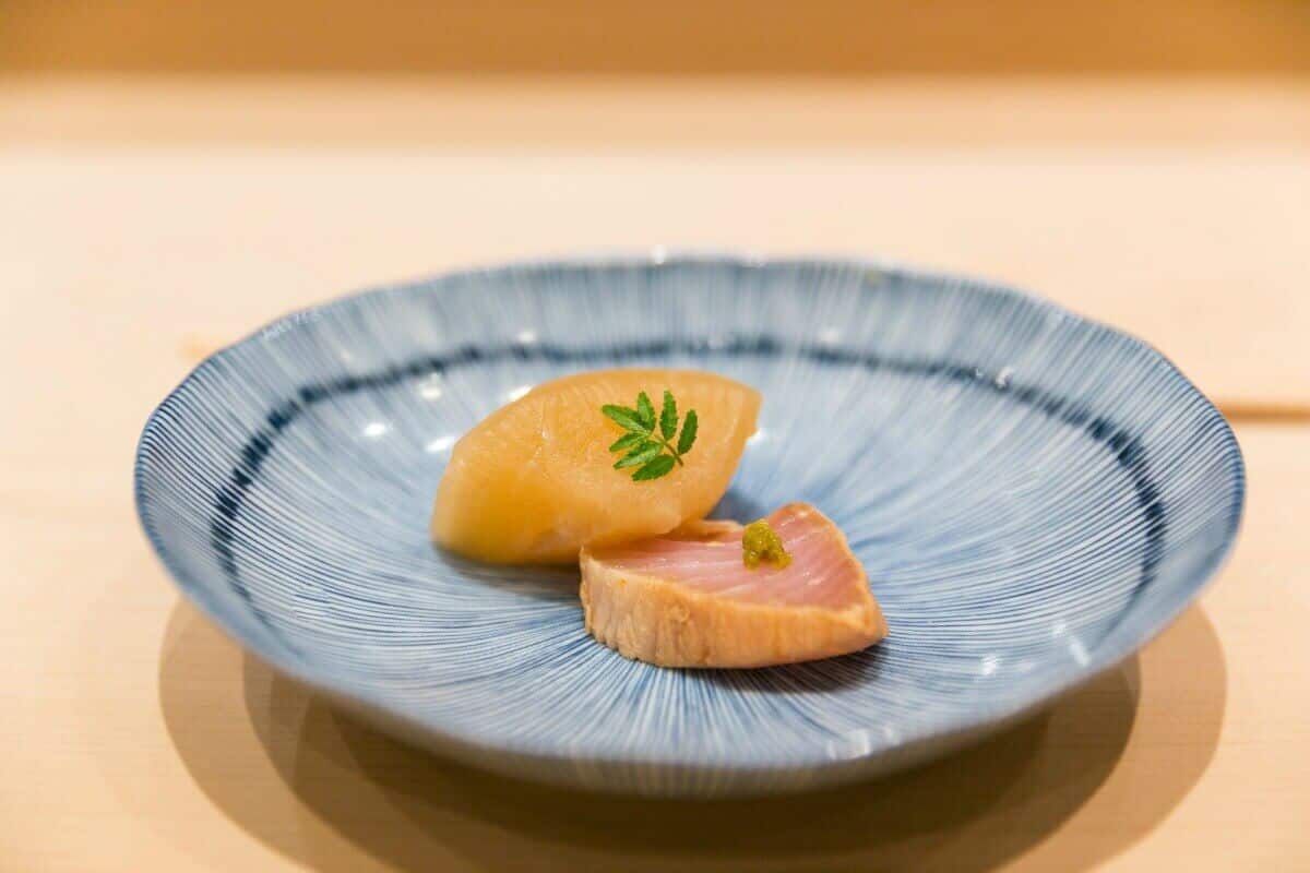 Buri and Daikon at Sushi Tokami in Tokyo, Japan