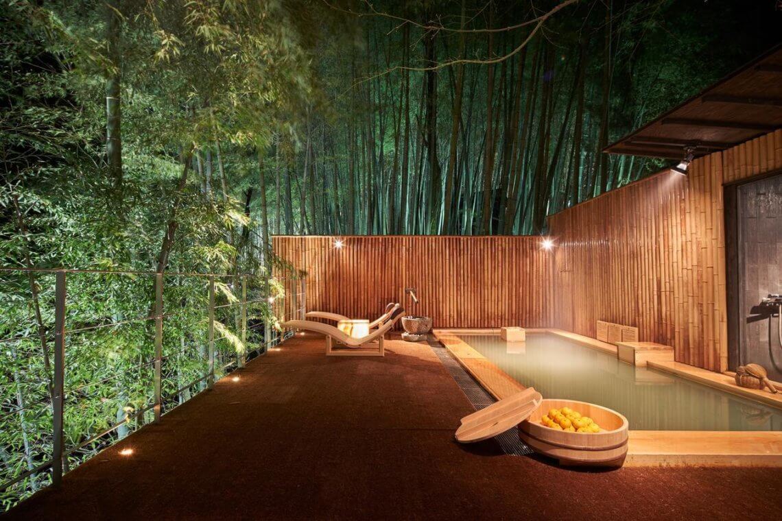 Luxurious onsen bath at Takefue Ryokan, Kurokawa Onsen, Kyushu, Japan